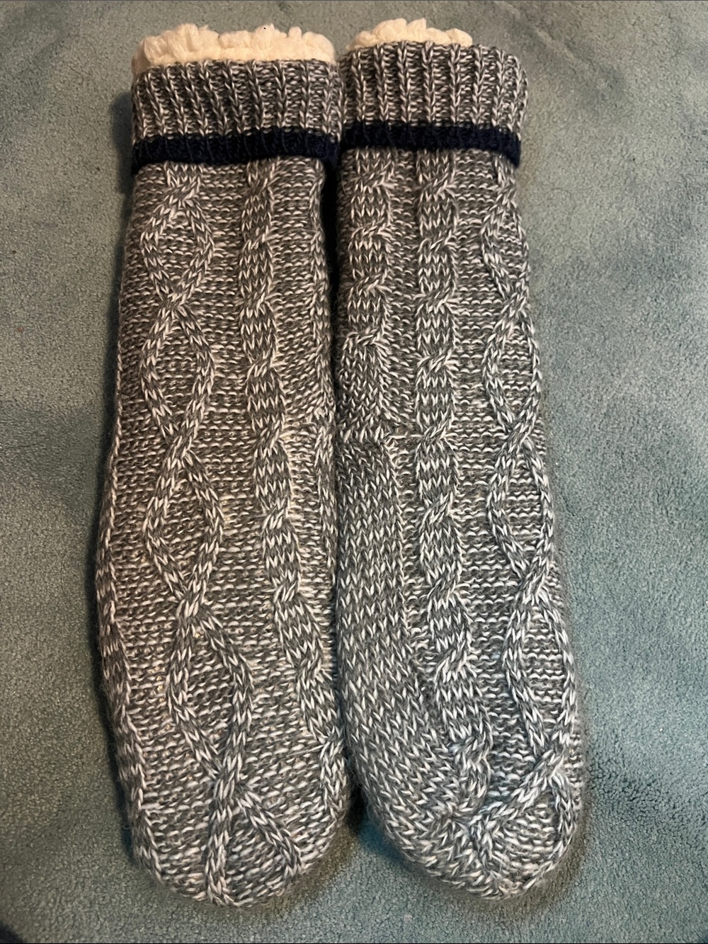 Cozy Cable Knit Tall Slipper Socks in Gray with Sherpa Interior Lining